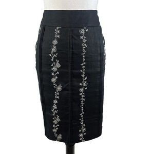 Style & Co Skirt size 8 Petite Black Linen Knee A Line Floral Embroidery Modest